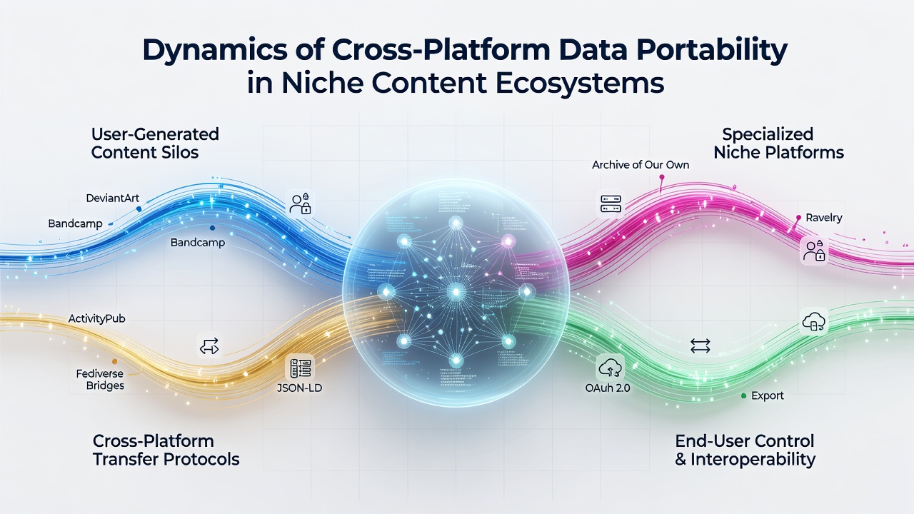 Diagram of interconnected niche platforms with arrows indicating successful data transfers and preserved metadata structures